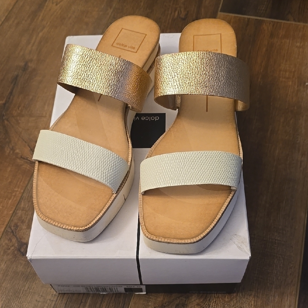 Dolce Vita Gold and Cream Sandals with Double Strap Design
